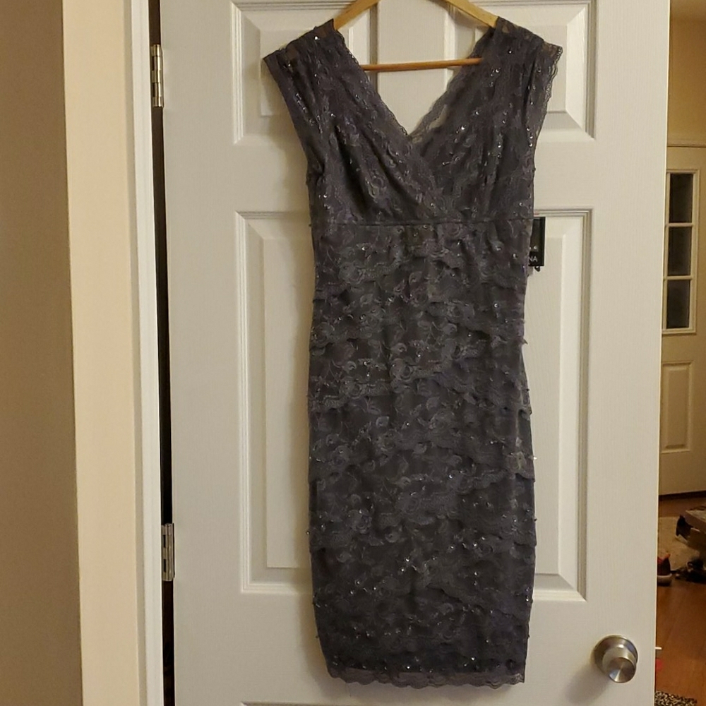 Marina Surplice Beaded Lace Cocktail Dress